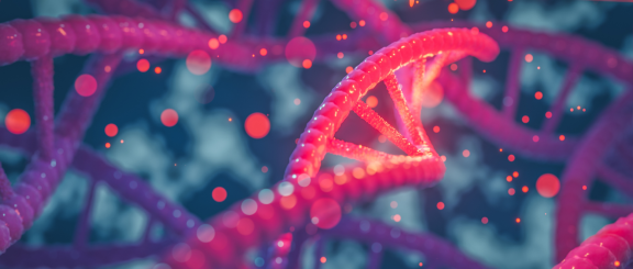A graphic image of a DNA double helix in a bright red color with other blue and purple microscopic genetic material floating in the background, representing genetic medicine programs at the University of Colorado